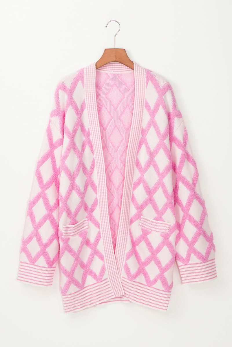 Pink Rhombus Pattern Knit Open Front Pocketed Cardigans - Love Salve